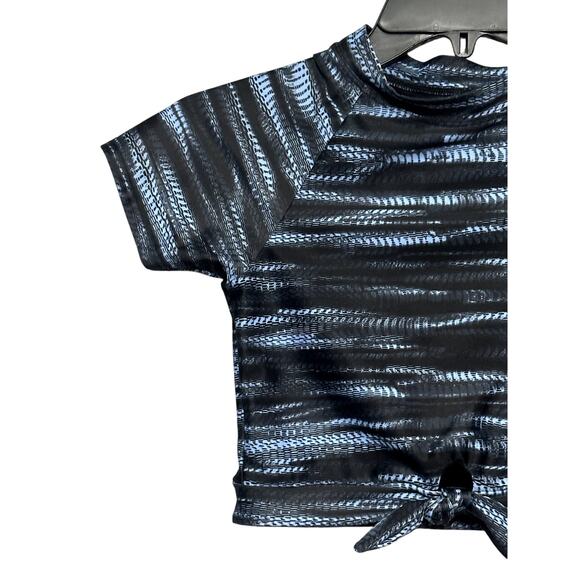 Z By Zella Swim Shirt High Neck Tie Front Short Sleeve Black Blue Girls 12 NWOT - Picture 2 of 7